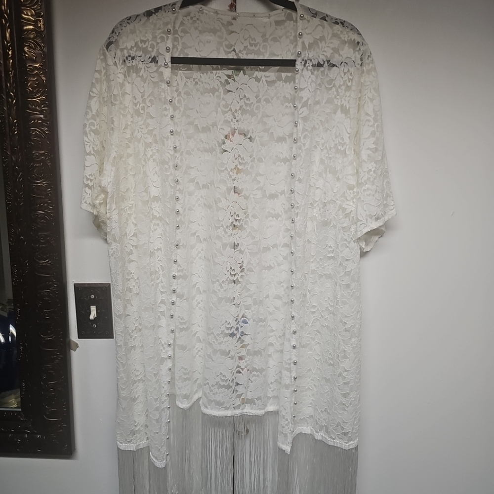 White Open Lace Duster With Pearls XL By Shein